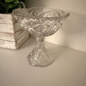 Imperial Glass Co. 1950’s Sparkling Pressed Star & Cane Design Glass Compote USA